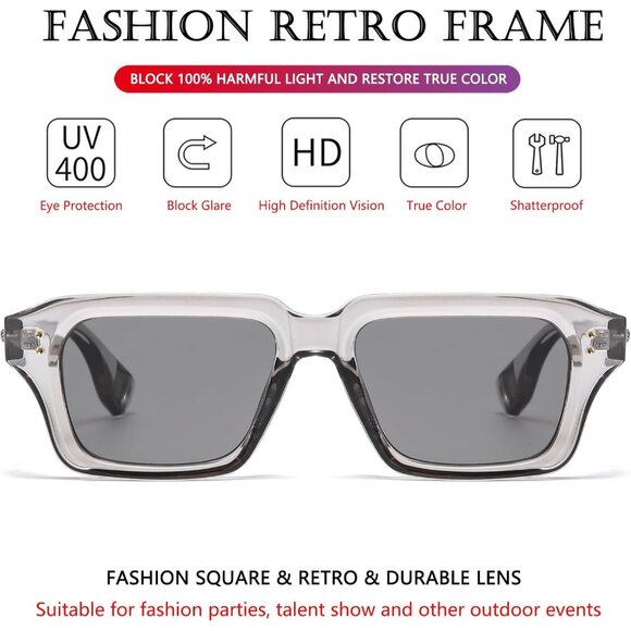 Retro Rectangle Clear Grey Sunglasses Men Women Fashion Square Frame Shades - Picture 3 of 6